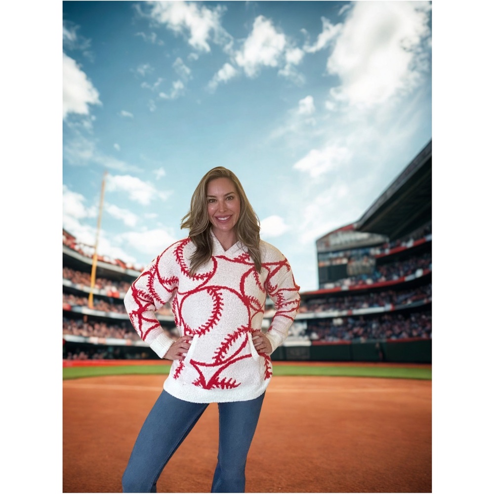Women's Red and White Baseball Pattern Sweater